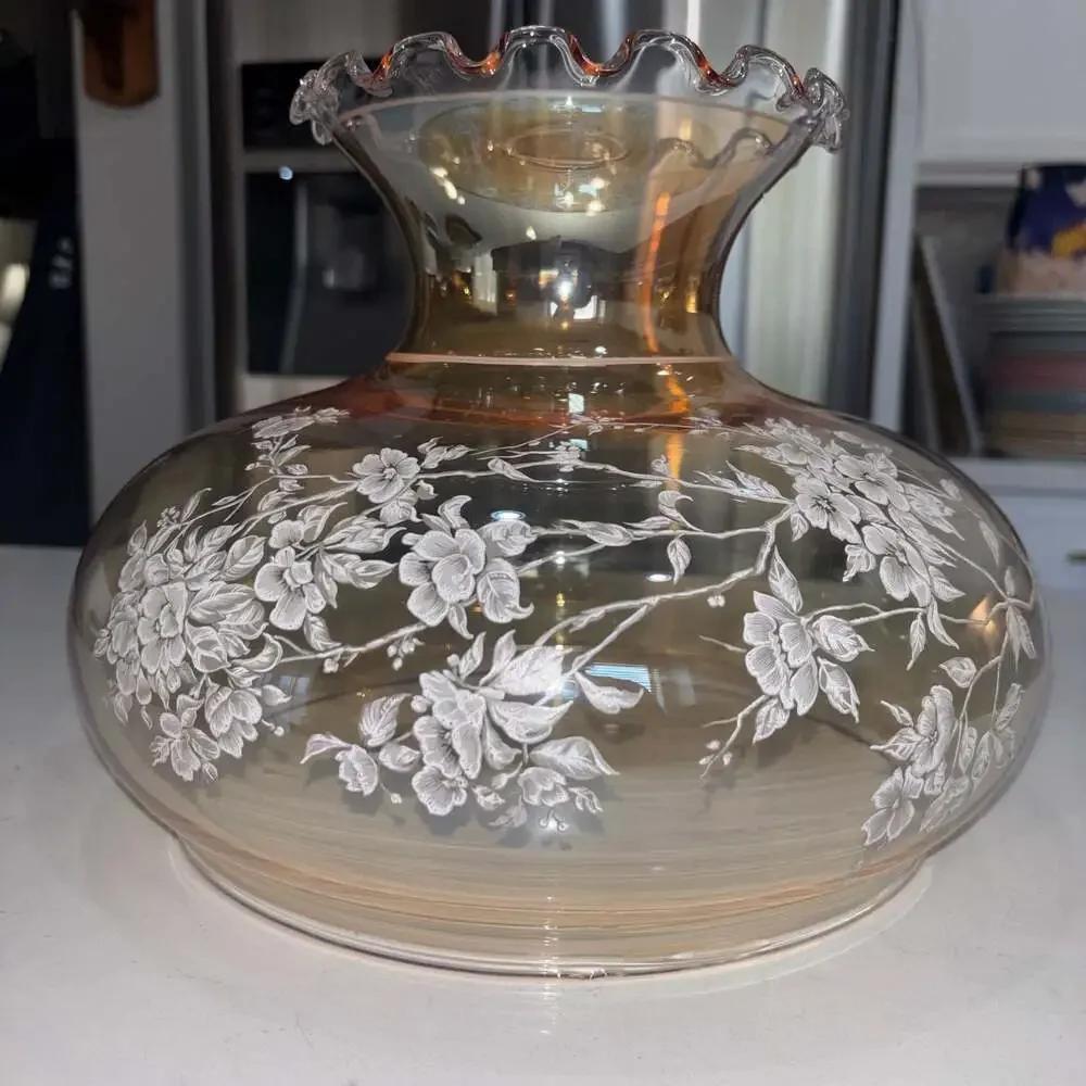 Vintage Hurricane Ruffled Iridescent Amber Glass Shade White Floral 9.5” Fitter